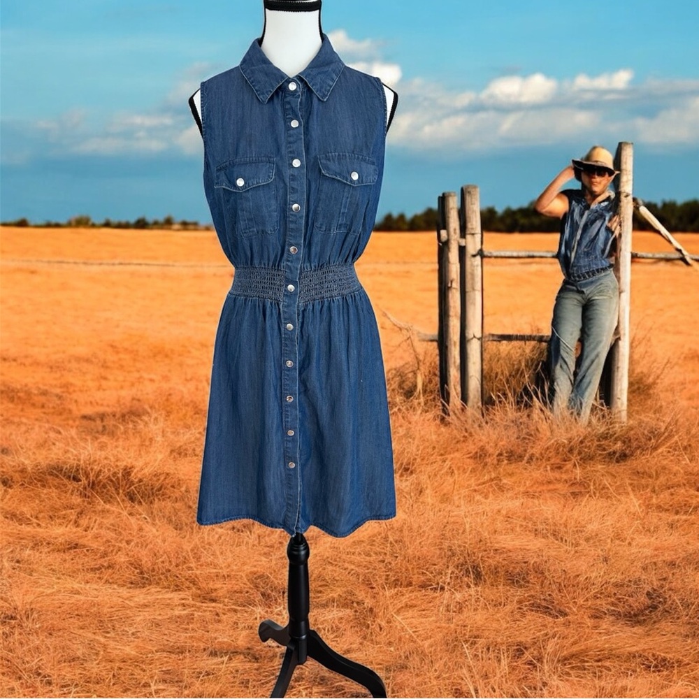 Blue denim Buttoned Polo Collar Midi Sundress